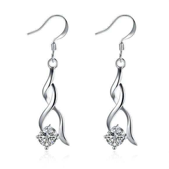 Very Cute Sterling Silver Small Twisted Drop Earrings CZ Stud " Hypoallergenic " - Picture 5 of 6